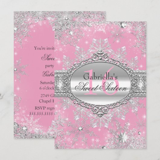 Invitation Pink Snowflake Winter Wonderland Sweet 16 Invitati (Devant / Derrière)