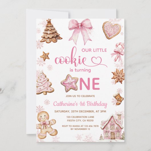 Invitation Pink Snowflakes Gingerbread Christmas 1st Birthday (Devant)