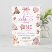 Invitation Pink Snowflakes Gingerbread Christmas 1st Birthday (Debout devant)