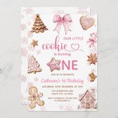 Invitation Pink Snowflakes Gingerbread Christmas 1st Birthday (Devant / Derrière)