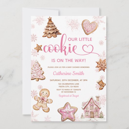 Invitation Pink Snowflakes Gingerbread Christmas Baby Shower (Devant)