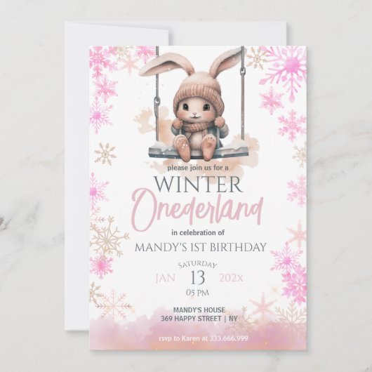 Invitation Pink Snowflakes Winter Onederland 1er anniversaire (Devant)