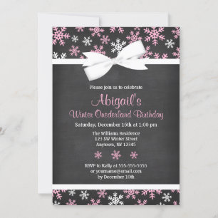 Invitation Pink Snowflakes Winter Onederland Chalkboard Bow