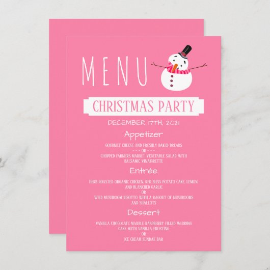 Invitation Pink Snowman, Menu de fête de Noël (Devant / Derrière)