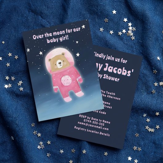 Invitation Pink Space Bear Baby shower c'est une fille astron