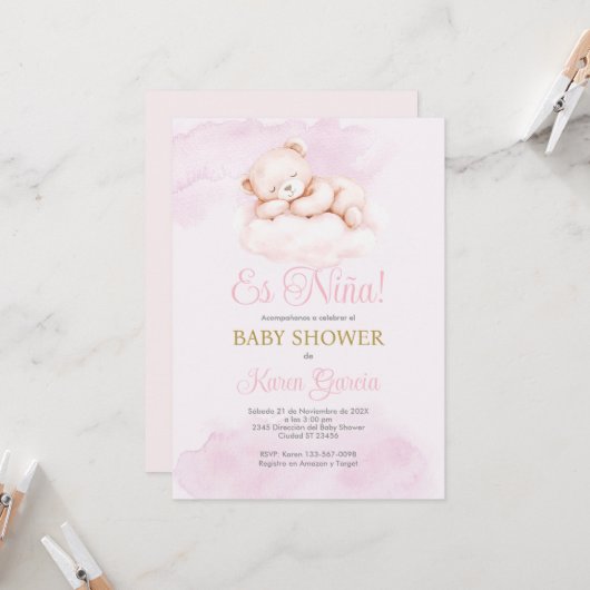 Invitation Pink Spanish Baby Shower Girl (Devant/Arrière en situation)