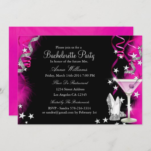 Invitation Pink Sparkle Heels & Cocktail Bachelorette Party 2 (Devant / Derrière)