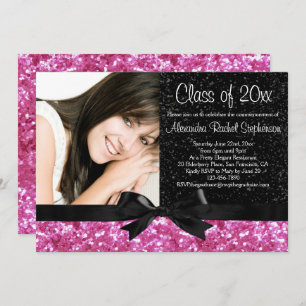 Invitation Pink Sparkle-look Bow Photo Graduation