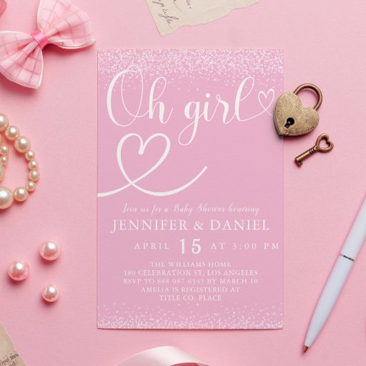 Invitation Pink Sparkle Oh Girl Script Heart Cute