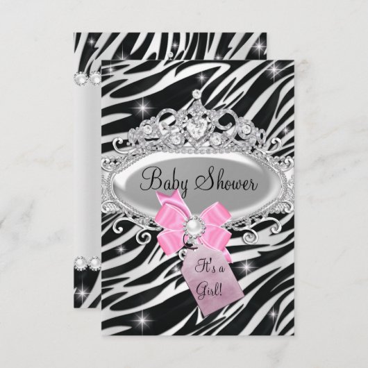 Invitation Pink Sparkle Zebra Princess Tiara Baby shower (Devant / Derrière)