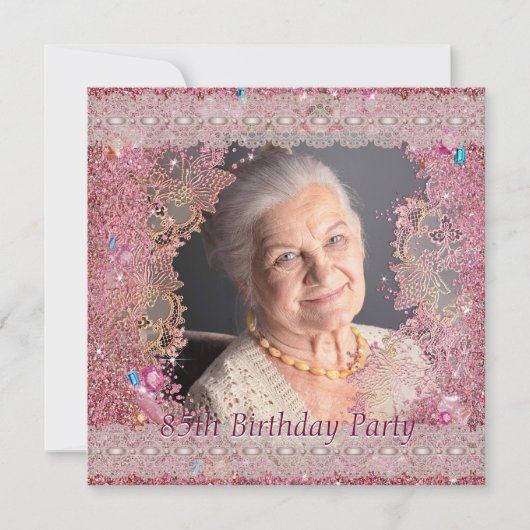 Invitation Pink Sparkles Femme Photo 85e anniversaire fête (Devant)