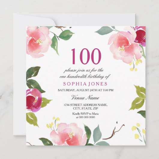 Invitation Pink Spring Floral 100e Anniversaire Fête Invitati (Devant)
