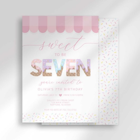 Invitation Pink Sprinkles Sweet to be 7 Ice Cream Birthday
