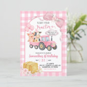 Invitation Pink Start Your Tractor Farm Animals Birthday (Debout devant)