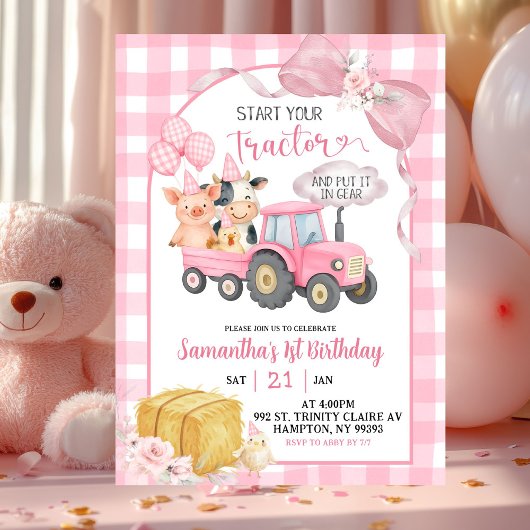Invitation Pink Start Your Tractor Farm Animals Birthday