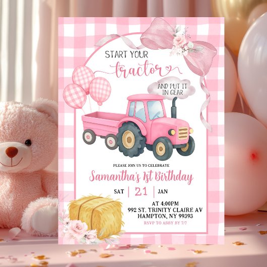 Invitation Pink Start Your Tractor Farm Theme Girl Birthday