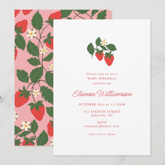 Invitation Pink Strawberry Baby Shower Sprinkle Botanical (Devant / Derrière)