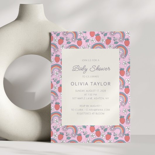 Invitation Pink Strawberry Rainbow Retro Baby Shower