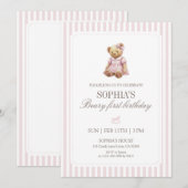 Invitation Pink Stripe Beary First Birthday Girl Teddy Bear (Devant / Derrière)