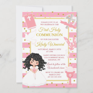 Invitation Pink Stripe Black Hair Girl Première Sainte Commun