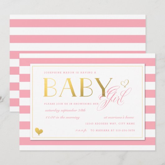 Invitation Pink Stripe Faux Gold Baby Girls Douche (Devant / Derrière)