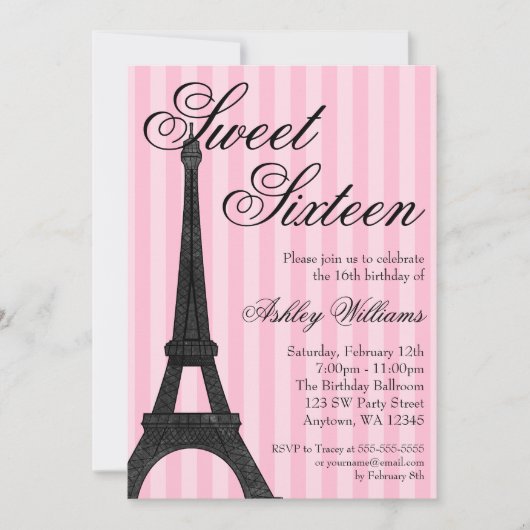 Invitation Pink Stripe Paris Thématique Sweet 16 Anniversaire (Devant)