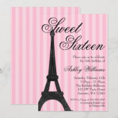 Invitation Pink Stripe Paris Thématique Sweet 16 Anniversaire (Devant / Derrière)