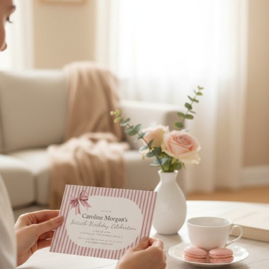 Invitation Pink Striped Bow 60th Birthday Celebration 