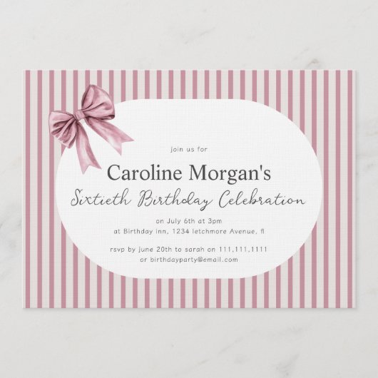 Invitation Pink Striped Bow 60th Birthday Celebration  (Devant)