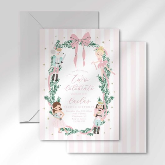 Invitation Pink Striped Bow Nutcracker Ballet 2nd Birthday