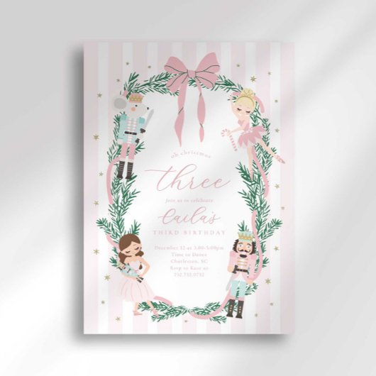 Invitation Pink Striped Bow Nutcracker Ballet Third Birthday