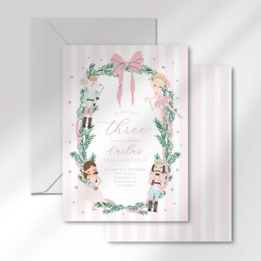 Invitation Pink Striped Bow Nutcracker Ballet Third Birthday
