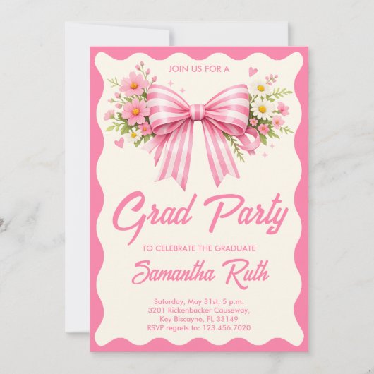 Invitation Pink Striped Bows & Ribbons Graduation Party (Devant)