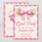 Invitation Pink Striped Bows & Ribbons Graduation Party (Devant / Derrière)