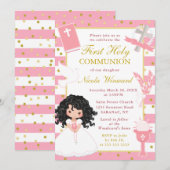 Invitation Pink Stripes Black Hair Girl First Holy Communion (Devant / Derrière)