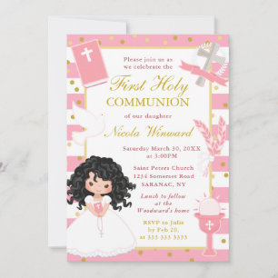 Invitation Pink Stripes Black Hair Girl First Holy Communion