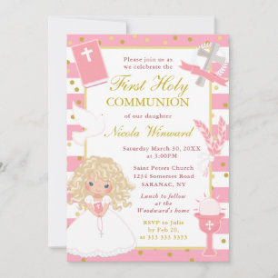 Invitation Pink Stripes Blonde Hair Girl First Holy Communion