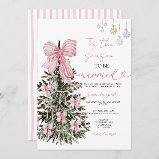 Invitation Pink Stripes Bow Christmas Tree Couple Wedding (Devant / Derrière)