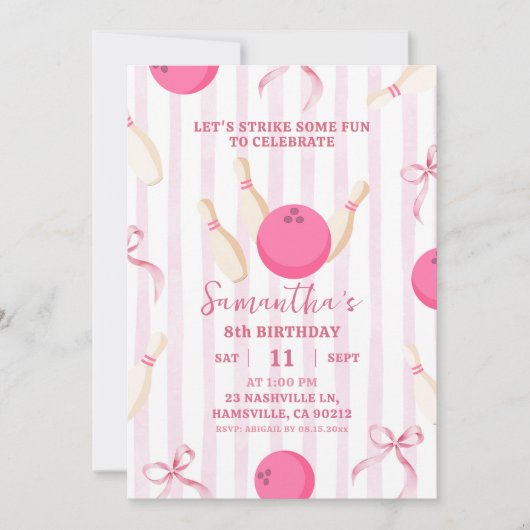 Invitation Pink Stripes Bow Girl Bowling temps Anniversaire (Devant)