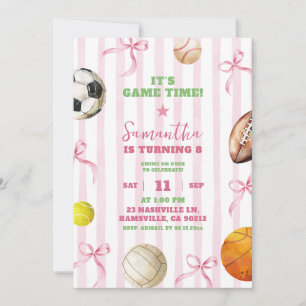 Invitation Pink Stripes Bow Girl Sports Jeu Anniversaire