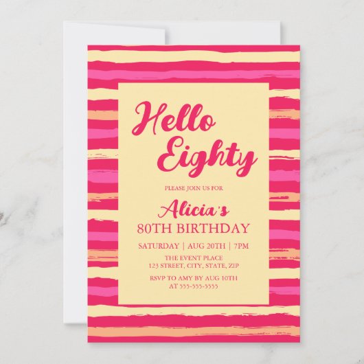 Invitation Pink Stripes Coloré Bonjour 80 Fille Anniversaire (Devant)
