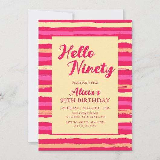 Invitation Pink Stripes Coloré Hello Ninety Girly Birthday (Devant)