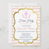 Invitation Pink Stripes Confetti Première Communion sainte (Devant)