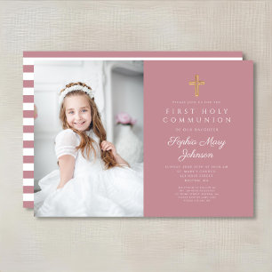Invitation Pink Stripes Cross Girl First Communion Photo