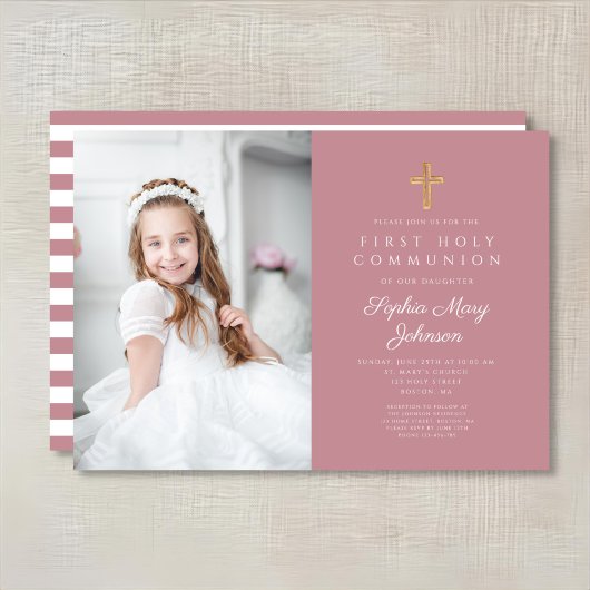 Invitation Pink Stripes Cross Girl First Communion Photo