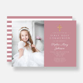 Invitation Pink Stripes Cross Girl First Communion Photo