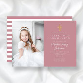 Invitation Pink Stripes Cross Girl First Communion Photo