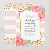 Invitation Pink Stripes Floral Gold Confetti fête d'anniversa (Devant / Derrière)