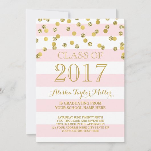 Invitation Pink Stripes Gold Confetti Photo 2017 Graduation (Devant)