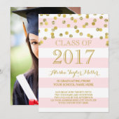 Invitation Pink Stripes Gold Confetti Photo 2017 Graduation (Devant / Derrière)